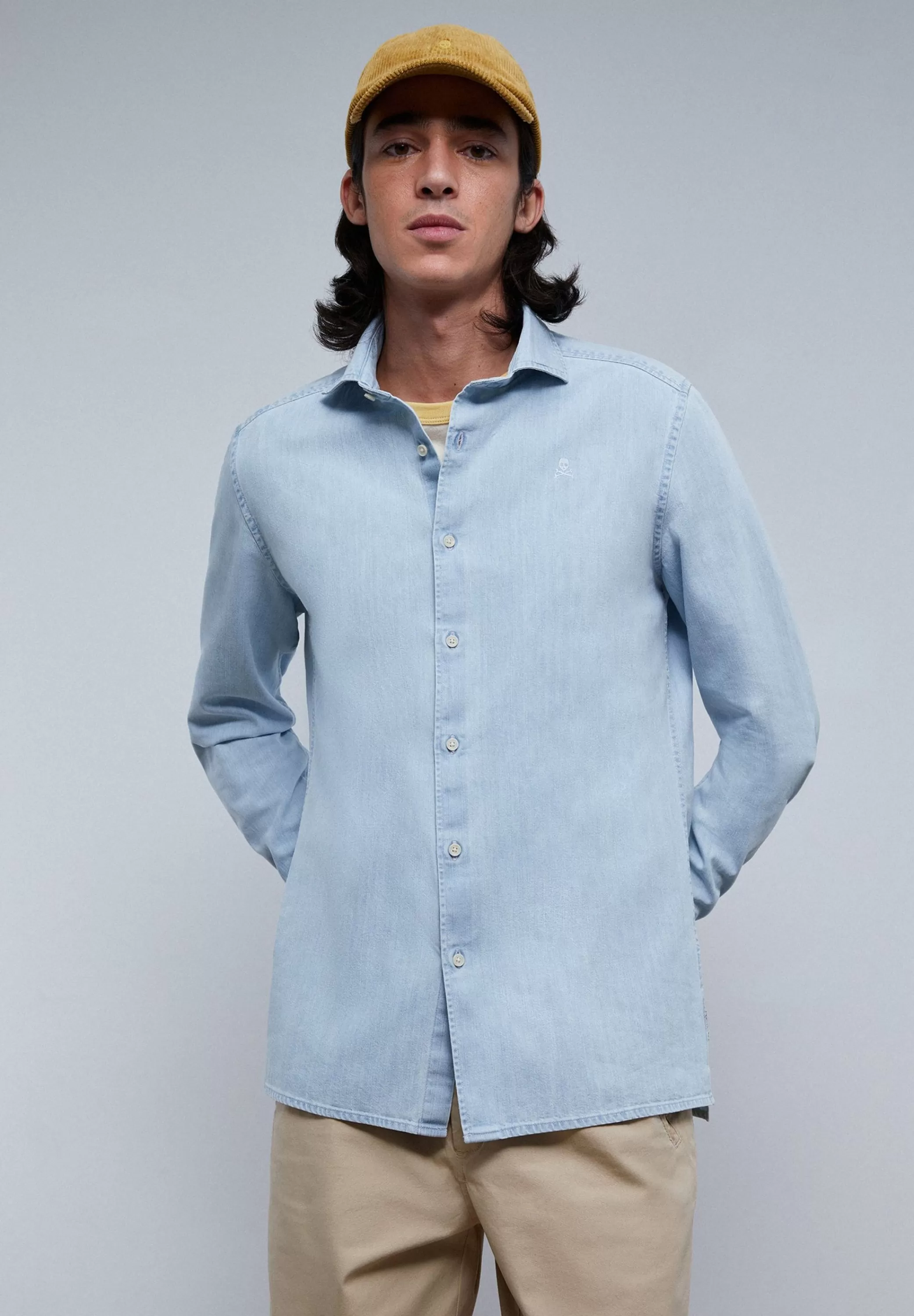 New Camisa Denim Lavada Calavera Tono Hombre Camisas