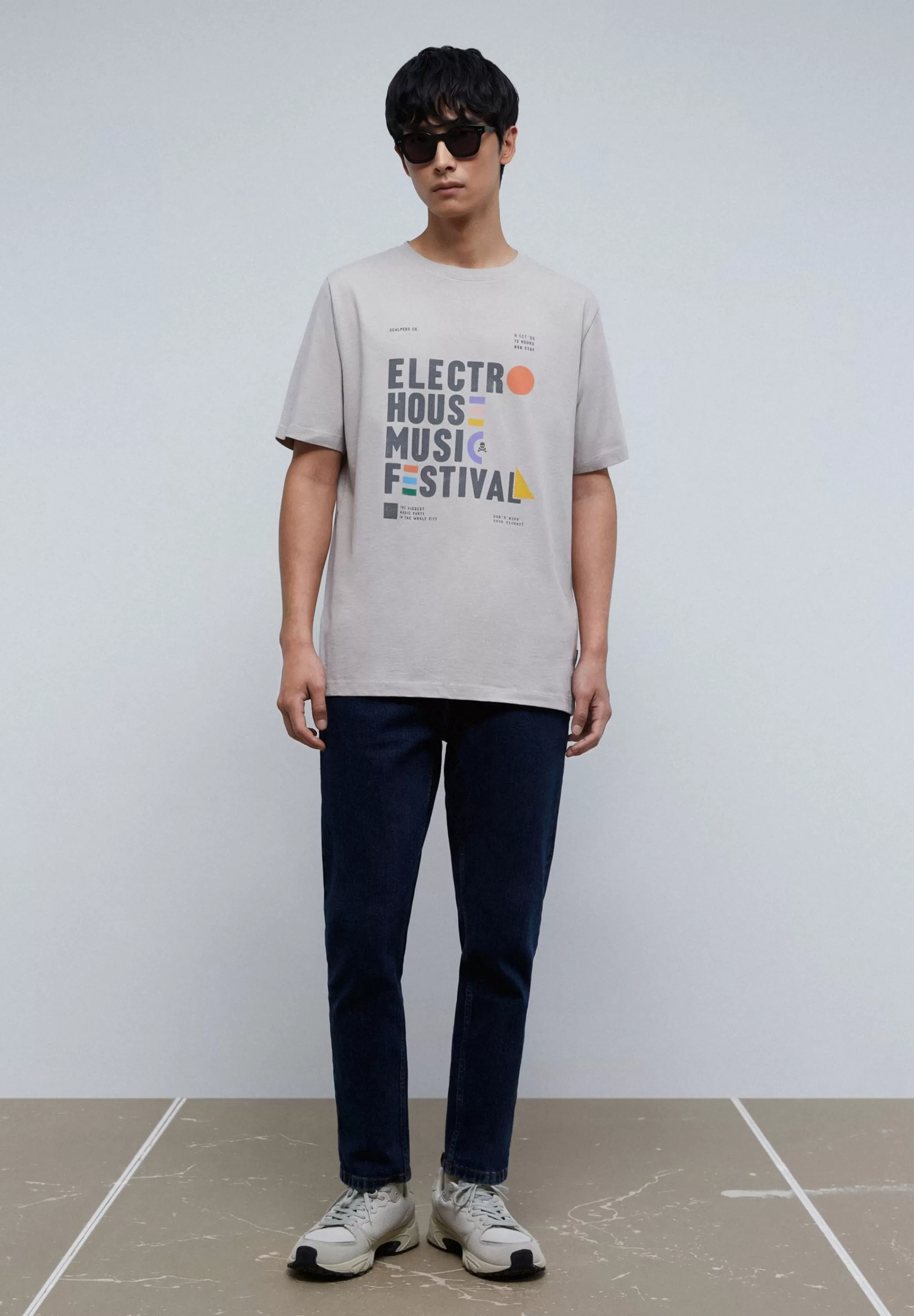 Clearance Camiseta Lavada Print Frontal Festival Hombre Camisetas