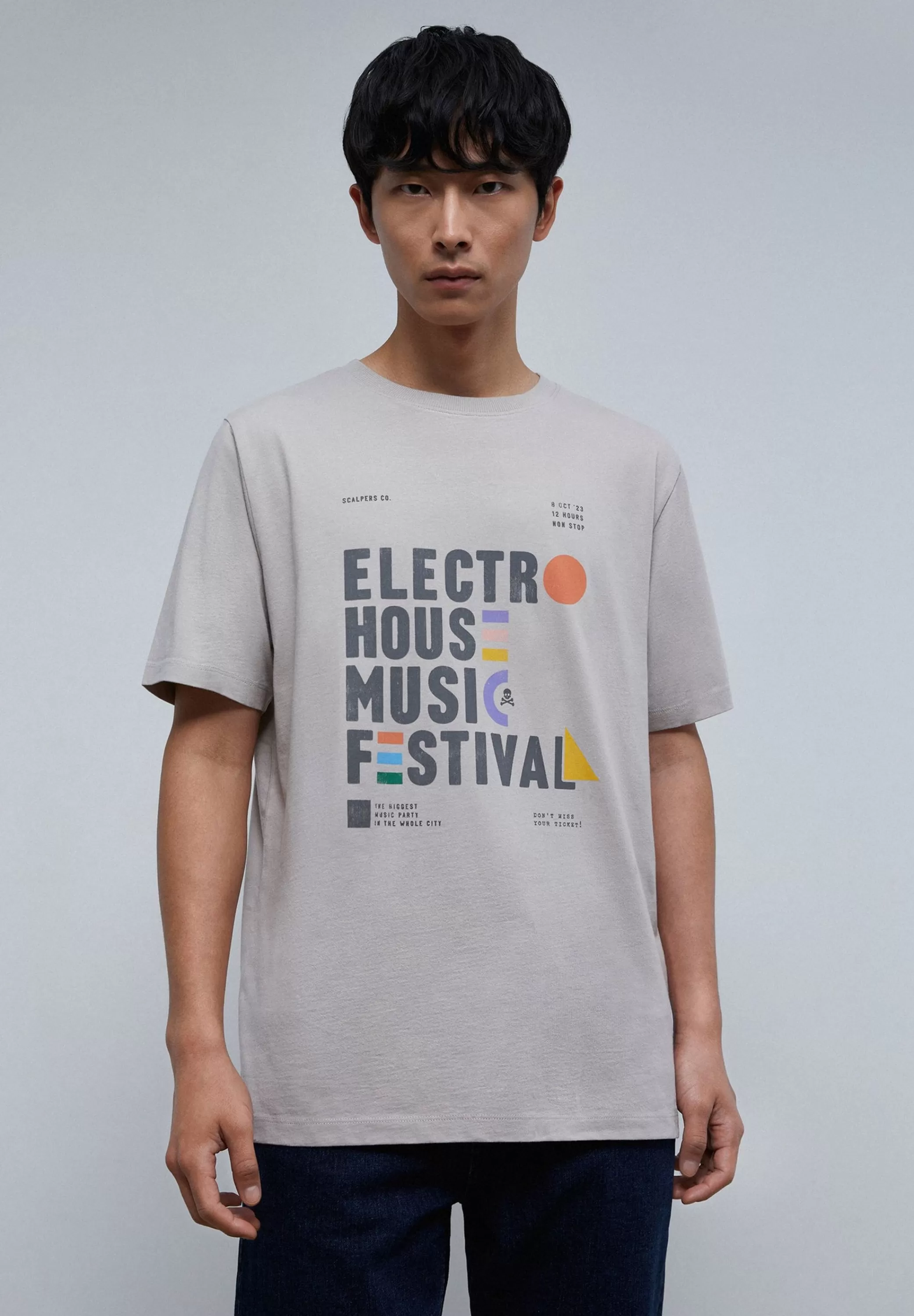 Clearance Camiseta Lavada Print Frontal Festival Hombre Camisetas